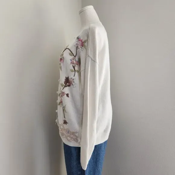 Vintage Bottega Verde Floral Embroidered Knit Cardigan Natural Fiber L - Picture 9 of 15